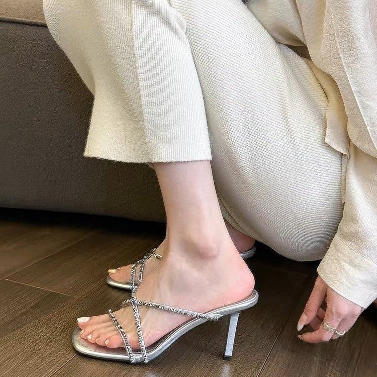 Elegant women's heeled sandals with rhinestones