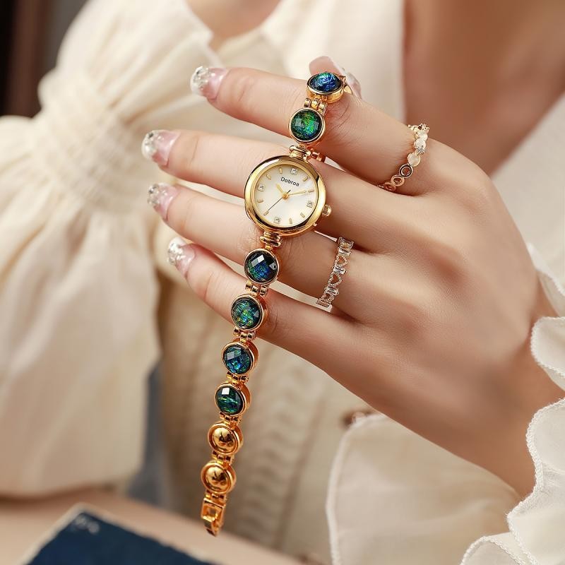 Elegant Women's Wristwatch with Natural Stone Beads and Gold Bracelet