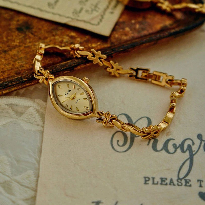Elegant ladies' vintage-style wristwatch with floral design