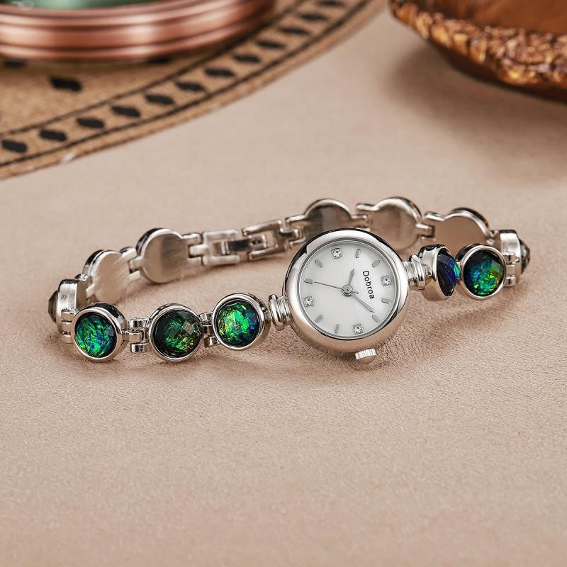 Elegant Women's Wristwatch with Natural Stone Beads and Gold Bracelet