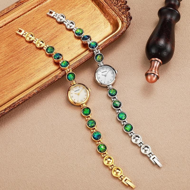 Elegant Women's Wristwatch with Natural Stone Beads and Gold Bracelet