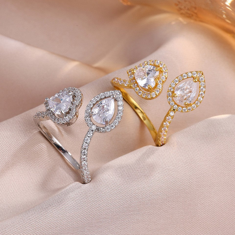 Eleganter verstellbarer Damenring mit Herz- und Tropfen-Zirkonia